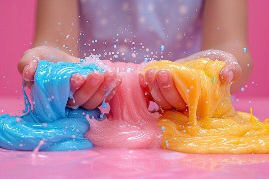 Kids hands making slime toy on pink background. Kids hands playing slime toy. Making slime. Copyspace. Selective focus