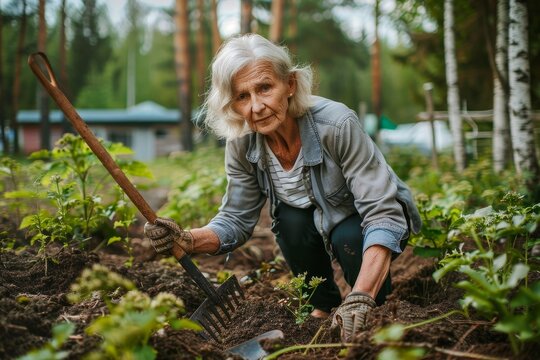 Elderly woman tending to her garden with a shovel, showcasing a passion for horticulture and nature