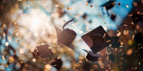 Graduation caps thrown in the air.