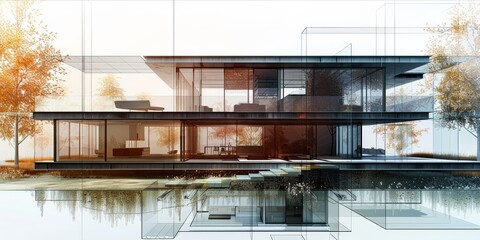 Transparent architectural rendering of a modern house. - obrazy, fototapety, plakaty