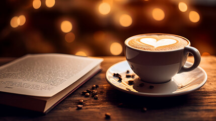Close-up, a cup of aromatic cappuccino with foam next to a book on a bokeh background. The concept of coziness and autumn mood