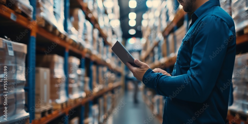 Poster worker using a tablet to check inventory in a warehouse.