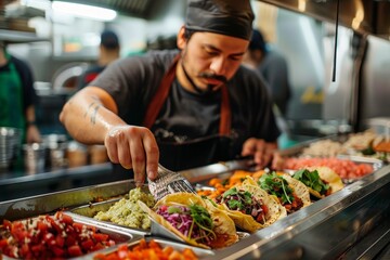 Obraz premium A male chef carefully adds toppings to tacos in a stainless steel commercial kitchen