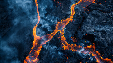 Volcano powerful explosive eruption aerial view, burning smoking lava, scenic 