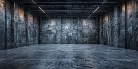 Empty industrial concrete room with atmospheric lighting.