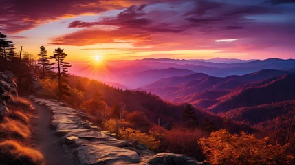 Fotobehang Amazing mountain landscape with colorful vivid sunset. Sunset in summer mountains © Pakhnyushchyy