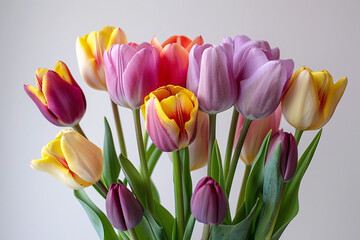 Bouquet of purple and yellow tulips against a grey background