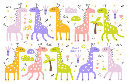 Funny colorful childish giraffe animals emotion cartoon characters with happy face seamless pattern