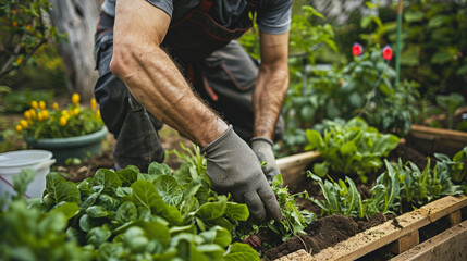 A gardener building a raised bed garden accessible to people with disabilities, fostering inclusivity and accessibility &mdash; tenderness and care for the environment, unity and diligen