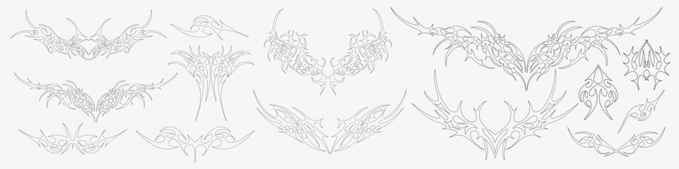 Neo Tribal Shapes Collection. Set Of Y2k Cyber Sigilism Tattoo Gothic Patterns Vector Design. Streetwear Print Graphic.