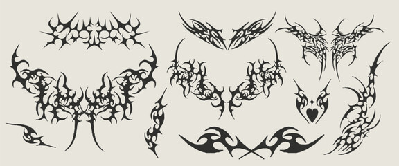 Neo Tribal Shapes Collection. Set Of Y2k Cyber Sigilism Tattoo Gothic Patterns Vector Design. Streetwear Print Graphic.