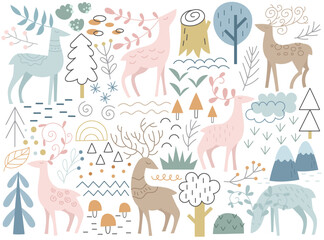 Hand drawn horned deer, doe, moose characters walking, grazing grass in forest among woods set