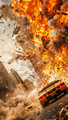 Movie poster style action scene with speeding cars and explosions in the middle of a large city
