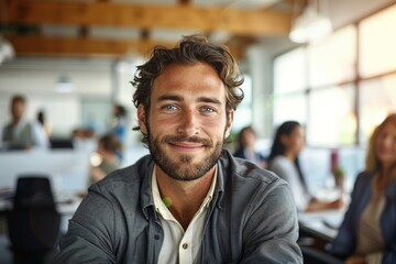 A handsome man with a genuine smile poses in a bustling open office space, wearing casual attire