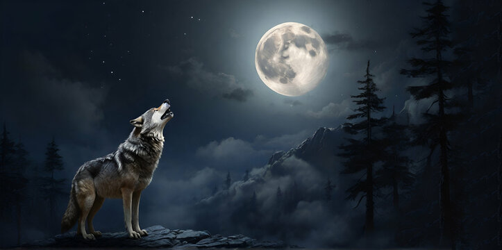 A wild and lonely wolf howling at the full moon in a dark forest at night with its fur and eyes glo ai generative