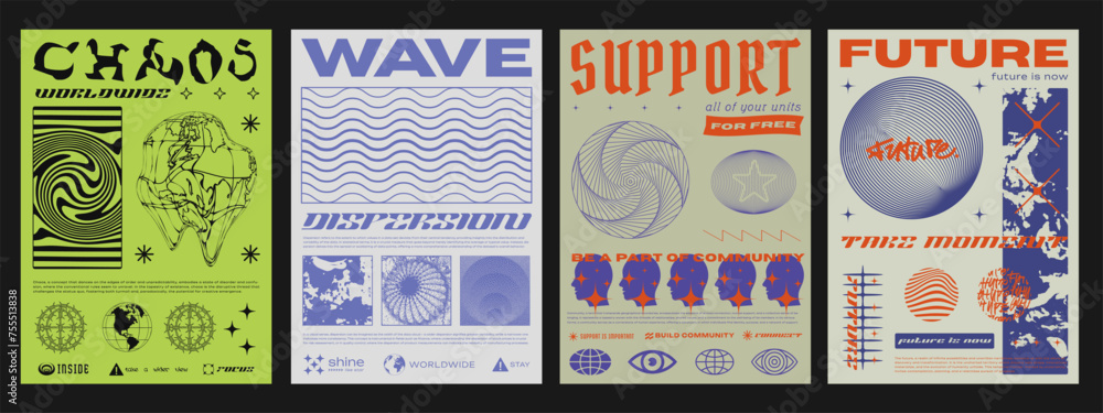Aufkleber cool y2k graphics posters vector design. futuristic textured shapes. optical illusion texture.