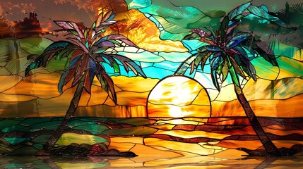 tropical sunset with trees stained glass window 