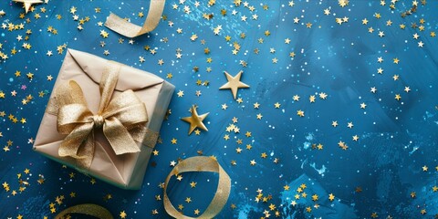 Elegant gift box with golden ribbon and star confetti on blue background.