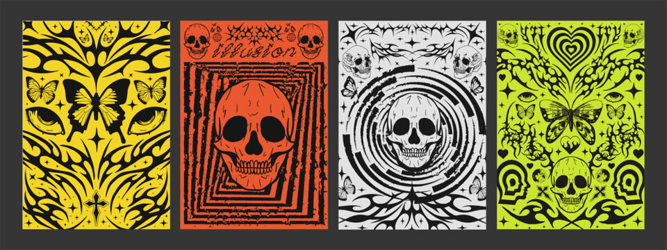 Set Of Neo Tribal Posters. Cyber Sigilism Tattoo Shape Placards. Cool Metal Album Covers.