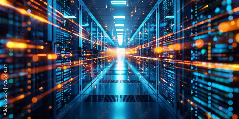 Poster futuristic data center with glowing network and light beams.