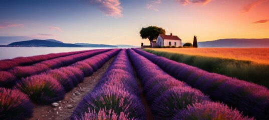 Country road winding through lavender field at summer sunset, vibrant colors and peaceful ambiance