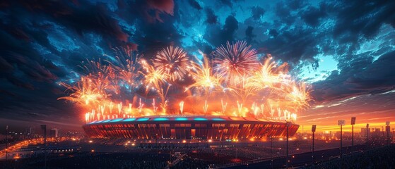 Fireworks Symphony: Awe-Inspiring 3D Rendered Panoramic View of an Open Sky Stadium Roof Illuminated by Vibrant Fireworks