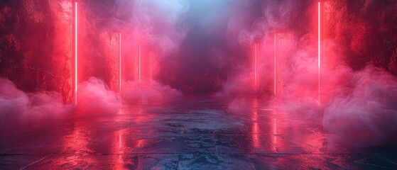 Wall with neon rays and lines. Dark corridor with neon light. Abstract background with lines and glow. Wet asphalt, neon smoke.