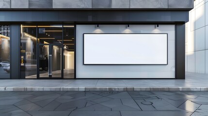 Blank whiteboard on the wall in front of coffee shop, near the the entrance glass door. restaurant, outdoors. front view. copy space, mockup product.	