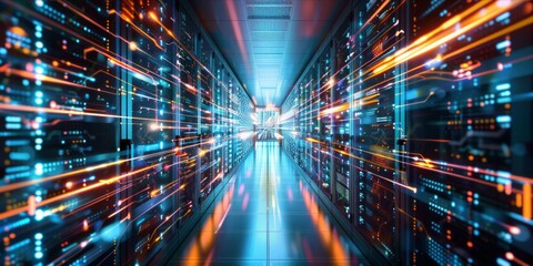 Futuristic data center with glowing network and light beams.