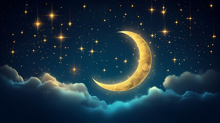 Obraz na płótnie Canvas Ramadan illustration, golden shining crescent moon