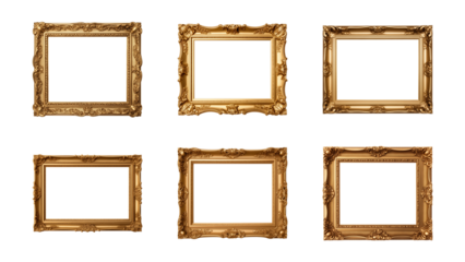 Collection of antique gold picture rectangular frames isolated on a transparent background, PNG