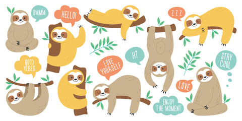 Lazy sloths funny animals cartoon character hanging, lying, hugging and climbing branch isolated set