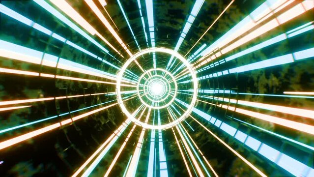 Colorful futuristic tunnel in virtual reality. Time travel through glowing rays