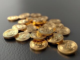 minimalist cartoon 3d gold bitcoins, dark grey background