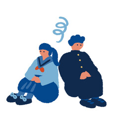 困った表情の制服を着た子どものシンプルでフラットなイラスト
