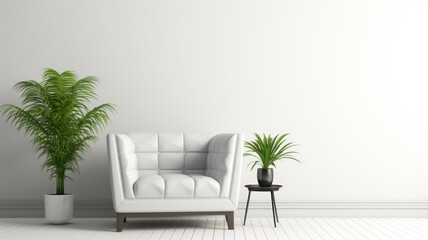 Fototapeta premium Modern minimalist interior with an armchair on empty white color wall background