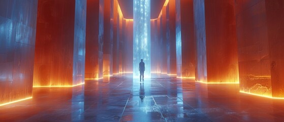 This futuristic 3D rendered galaxy shows cybernetic podiums illuminated by hypnotic neon, transcending the realms of cyberpunk