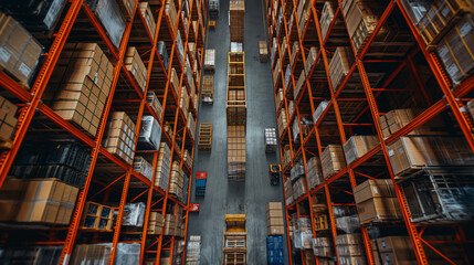 Inside warehouse aerial view, symmetric shelves scenic industrial, factory storage logistics interior