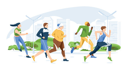 Spring or summer city runners. City marathon and running competition. Fitness and health. Diversity of people's characters. Vector flat illustration - obrazy, fototapety, plakaty