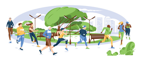 Obraz na płótnie Canvas Spring or summer park runners. City marathon and running competition. Fitness and health. Variety of people characters. Vector flat illustration