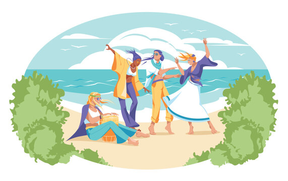 People celebrate and dance on the beach. A party in the atmosphere of summer. Tropical ocean shore. Holiday mood. Vector flat illustration