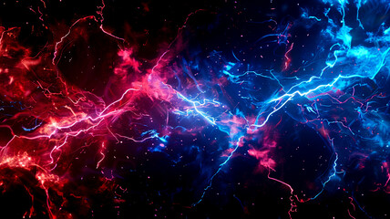 red and blue thunder in the dark cloud. - obrazy, fototapety, plakaty