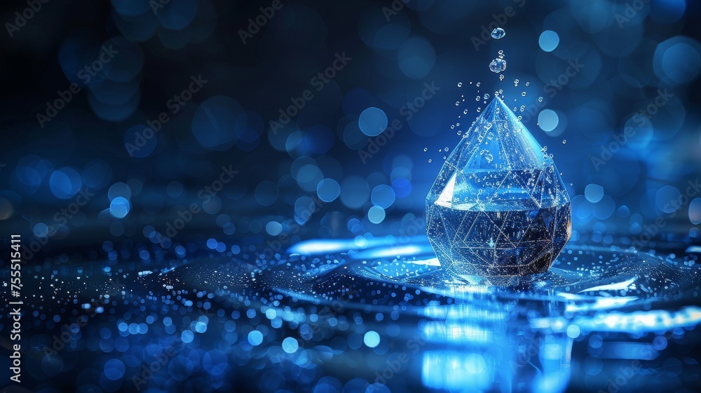 Leinwandbilder a falling drop of water. abstract geometric background. wireframe structure of light connections. mo