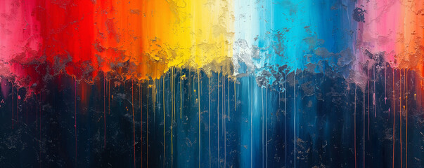 Abstract multicolored banner with colored oil streaks. Colorful paint dripping down on black...