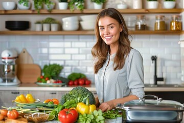 A cheerful young woman with a knife and vegetables engages in meal preparation in a sunny home kitchen