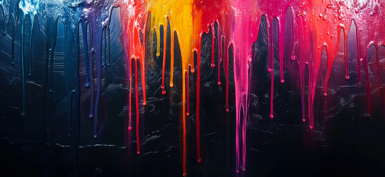 Abstract multicolored banner with colored oil streaks. Colorful paint dripping down on black background