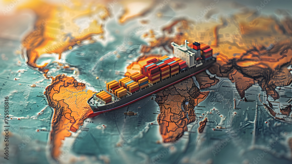 Poster container ship model on world map , transcontinental transportation or globalization concept image w