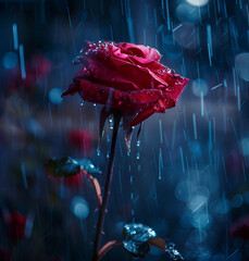 a rose is sitting on a puddle by a rain light