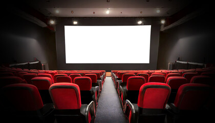 Movie theater with black and red cinema seats and empty screen with copy space, isolated on white or transparent background, png. Generative Ai. - obrazy, fototapety, plakaty