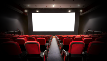 Movie theater with black and red cinema seats and empty screen with copy space, isolated on white or transparent background, png. Generative Ai.